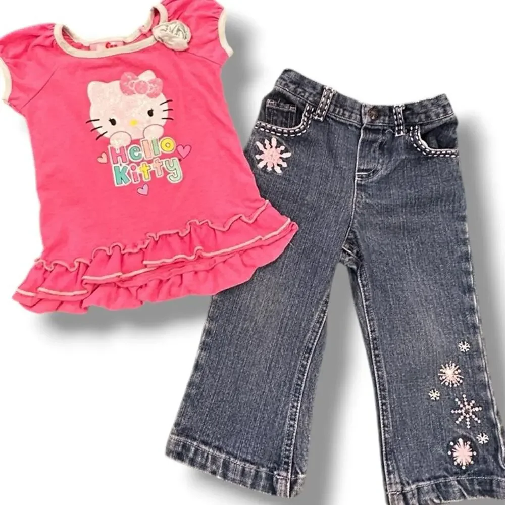 Toddler 18M Lot of 2 Hello kitty pink top with Embroidered Jeans y2K